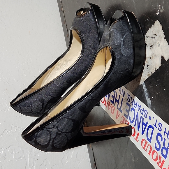 Coach Shoes - COACH Briana 8B Textile Patent Platform Peep Toe High Heel